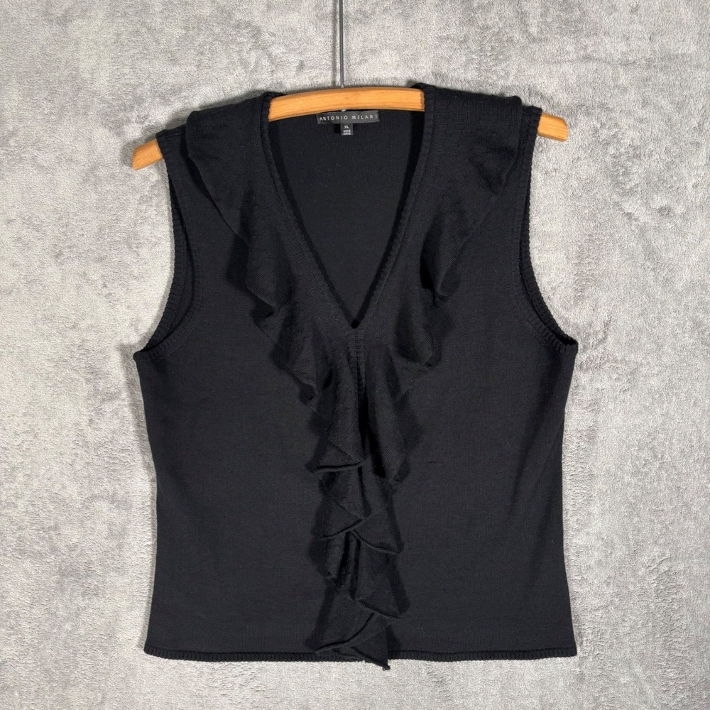 Antonio Melani Ruffle V-Neck Sleeveless Sweater Vest Women's XL Black 100% Wool